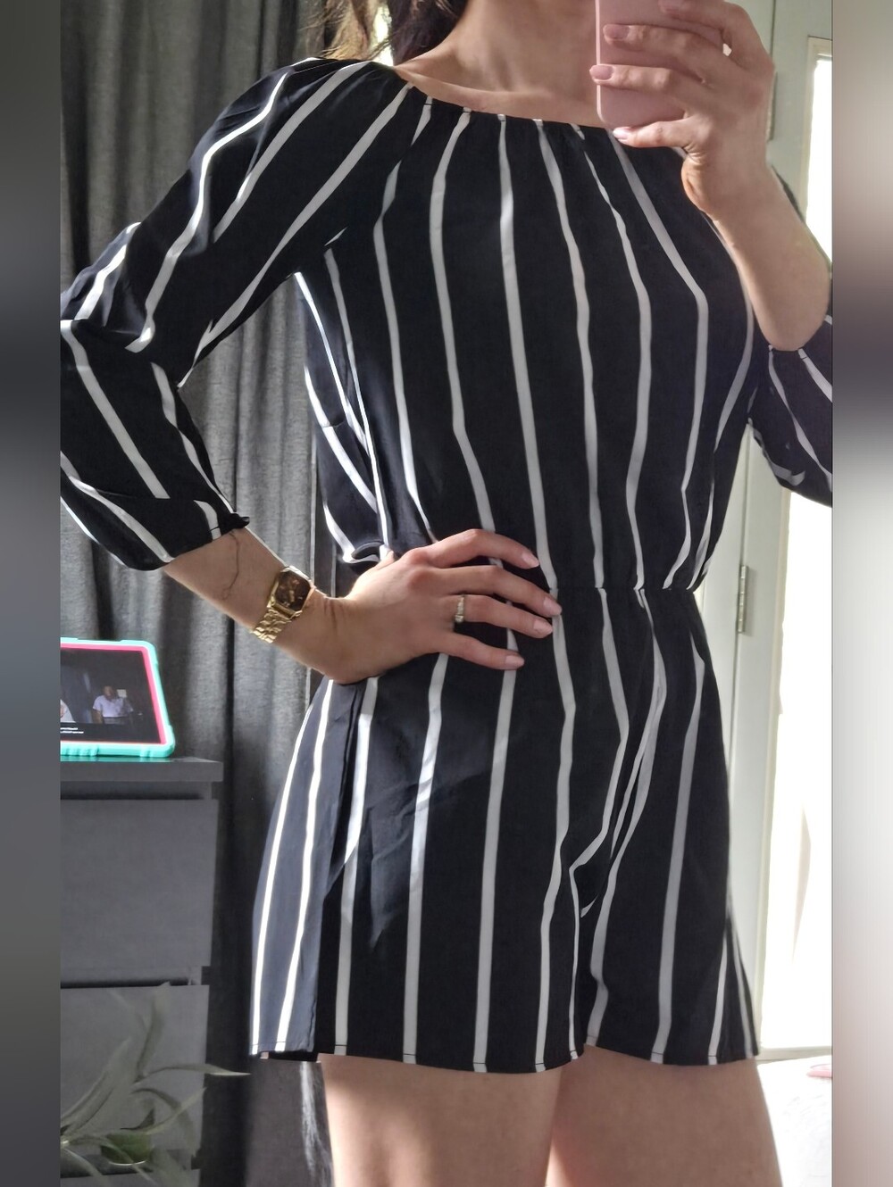 Amazon Black and White Vertical Stripe Mini Dress Romper